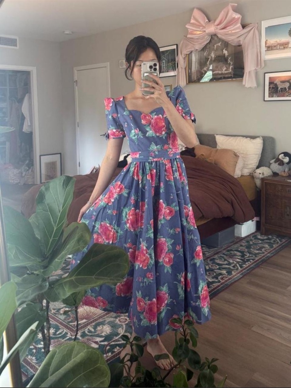 Vintage Laura Ashley blue floral midi dress with bow tie waist